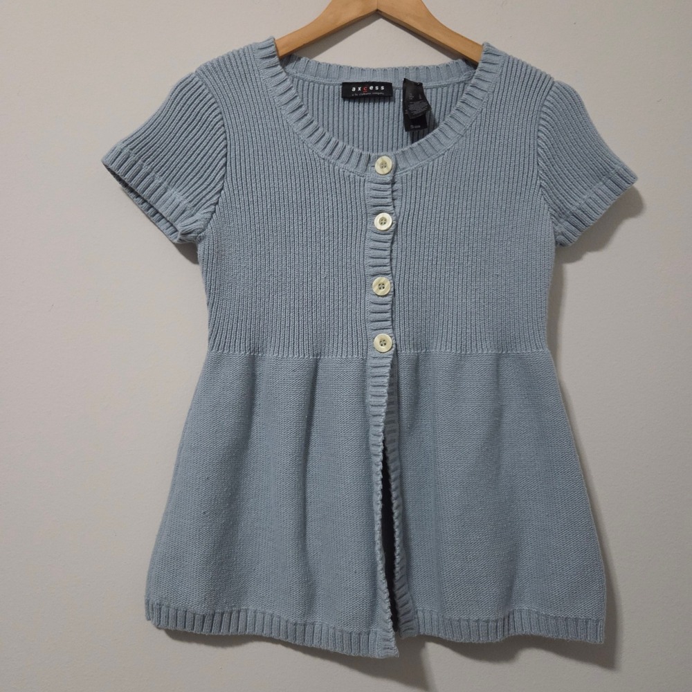 Axcess Liz Claiborne Blue Short Sleeve Cardigan Sweater Empire Waist Cotton L